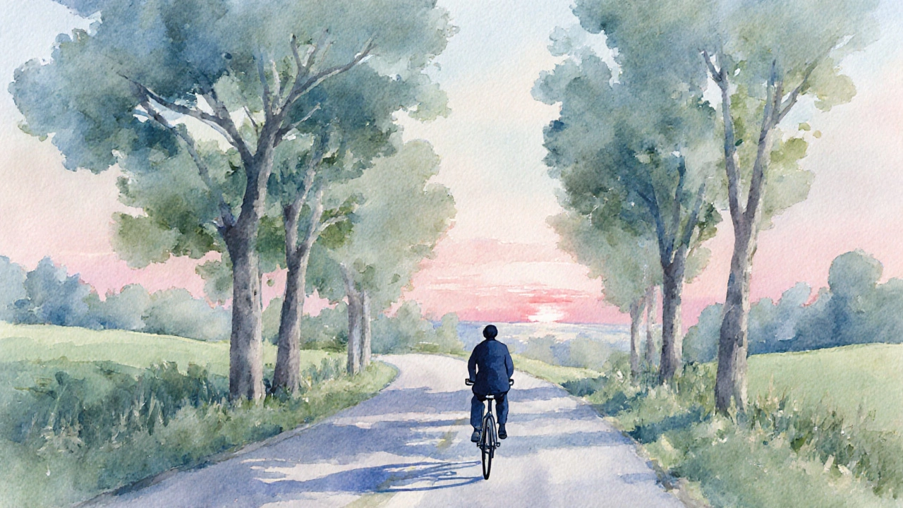 Bicycle on a winding lane under pastel sky, symbolizing continual motion.
