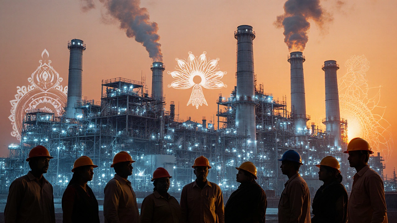 Cinematic scene of factories at sunset with diverse workers and faint cultural motifs in the background.
