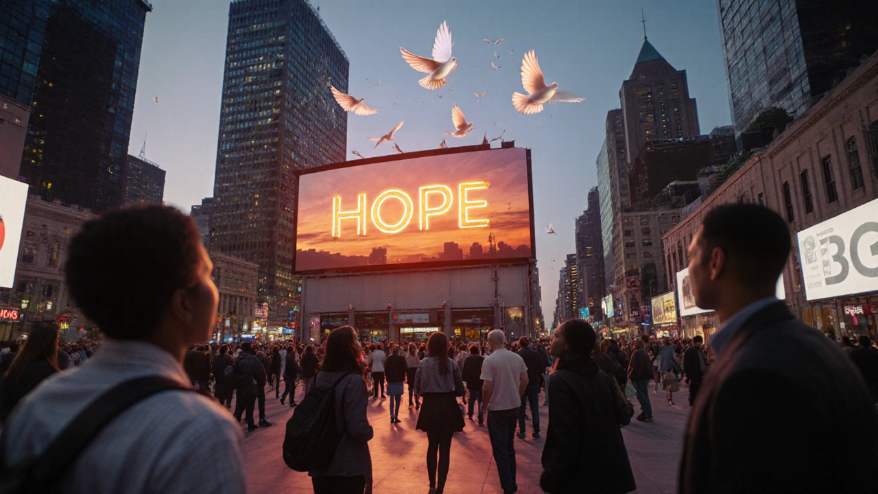 City plaza billboard showing word &#039;Hope&#039; with doves soaring above.