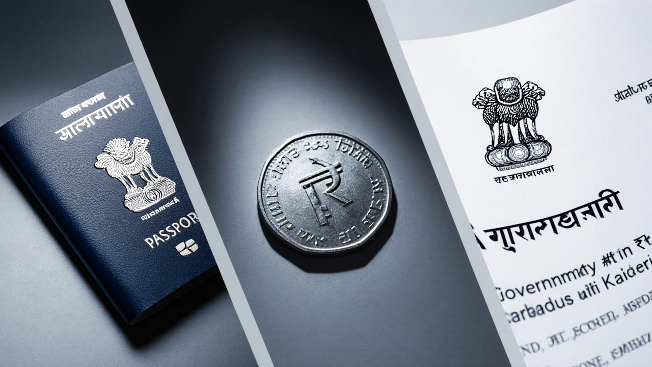 Collage of Indian passport, rupee coin, and government document featuring the national emblem.