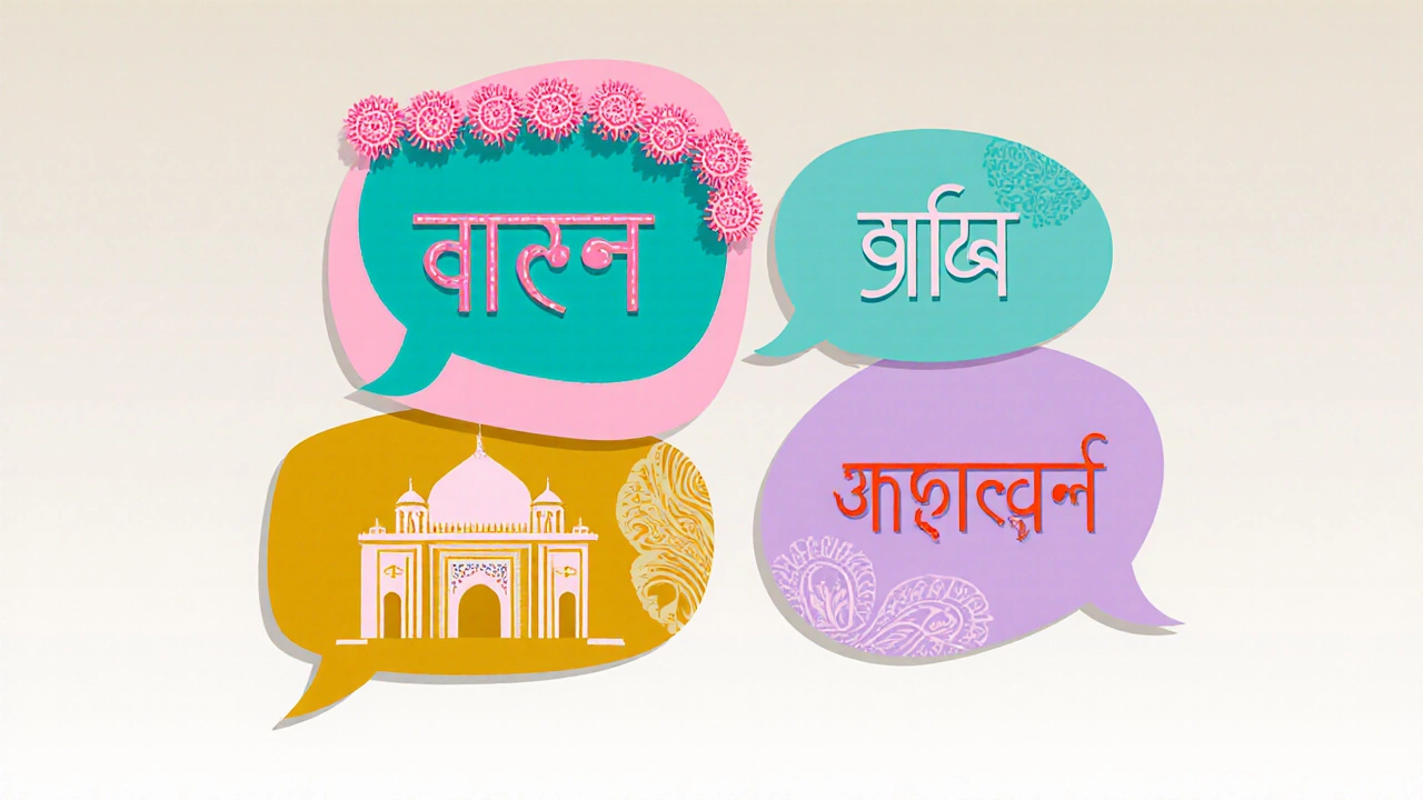 Collage of speech bubbles with birthday wishes in Hindi, Tamil, Bengali, and Marathi.
