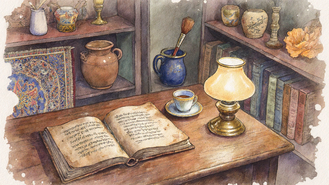 Cozy study with artifacts representing Rumi, Kabir, Tagore, Ghalan and Gibran in a vintage watercolor style.