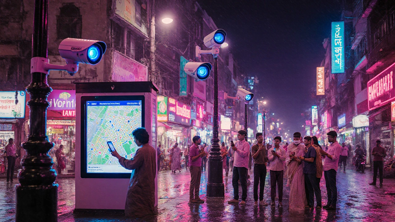 Delhi street at night with AI-powered CCTV cameras and community members.