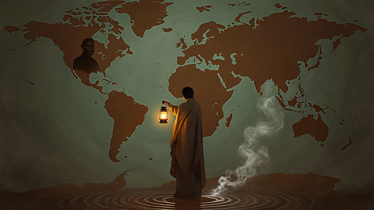 Figure holding a lantern, light spreading outward to represent personal change.