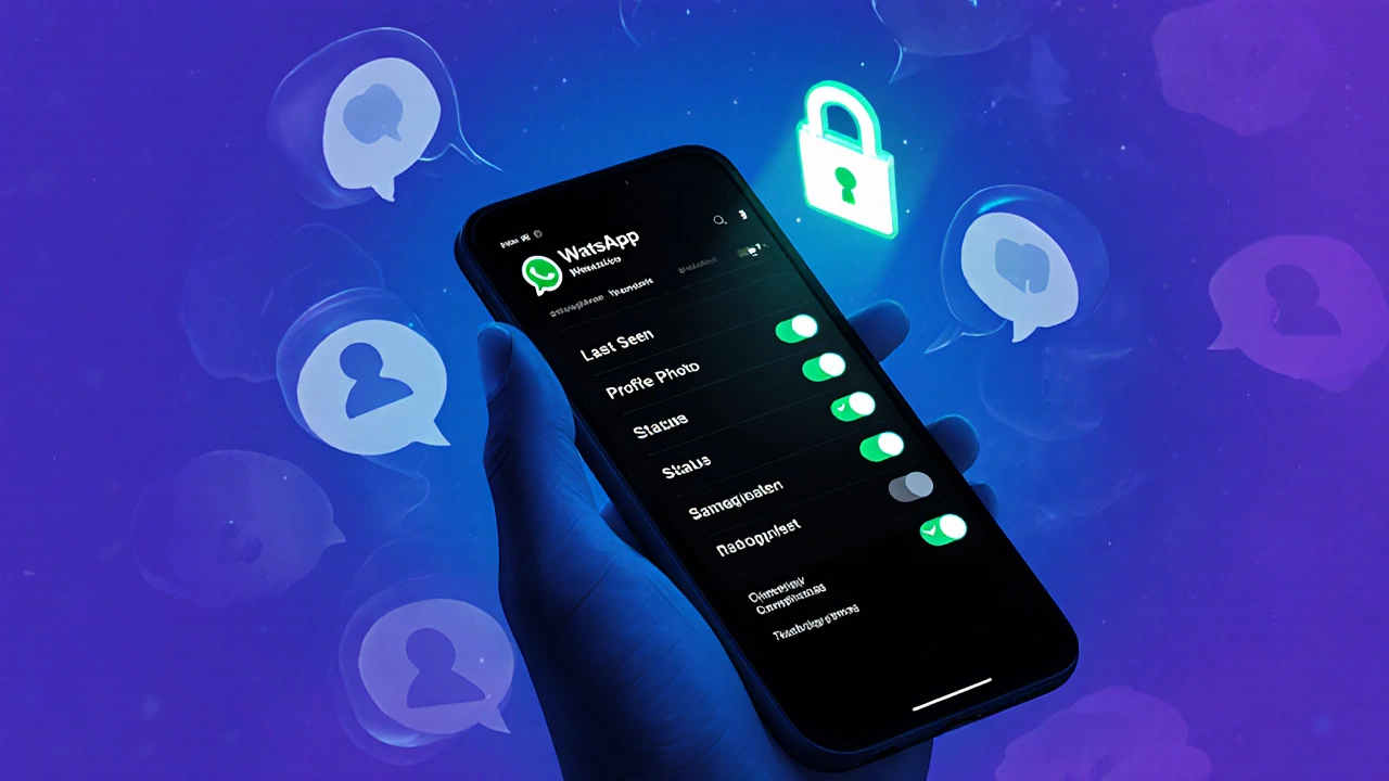 Hand adjusting WhatsApp privacy toggles in dark mode with chat bubbles and lock icon.