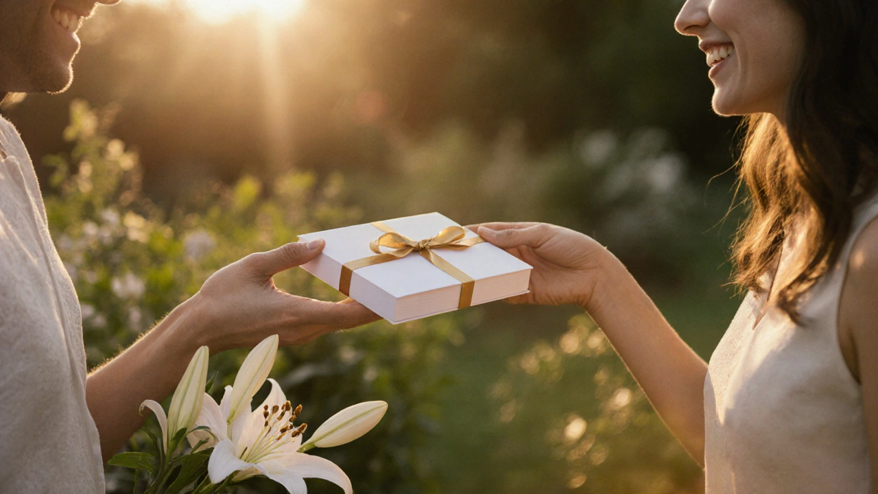 Hand presenting a ribbon‑tied birthday card to a smiling person in a sun‑lit garden.