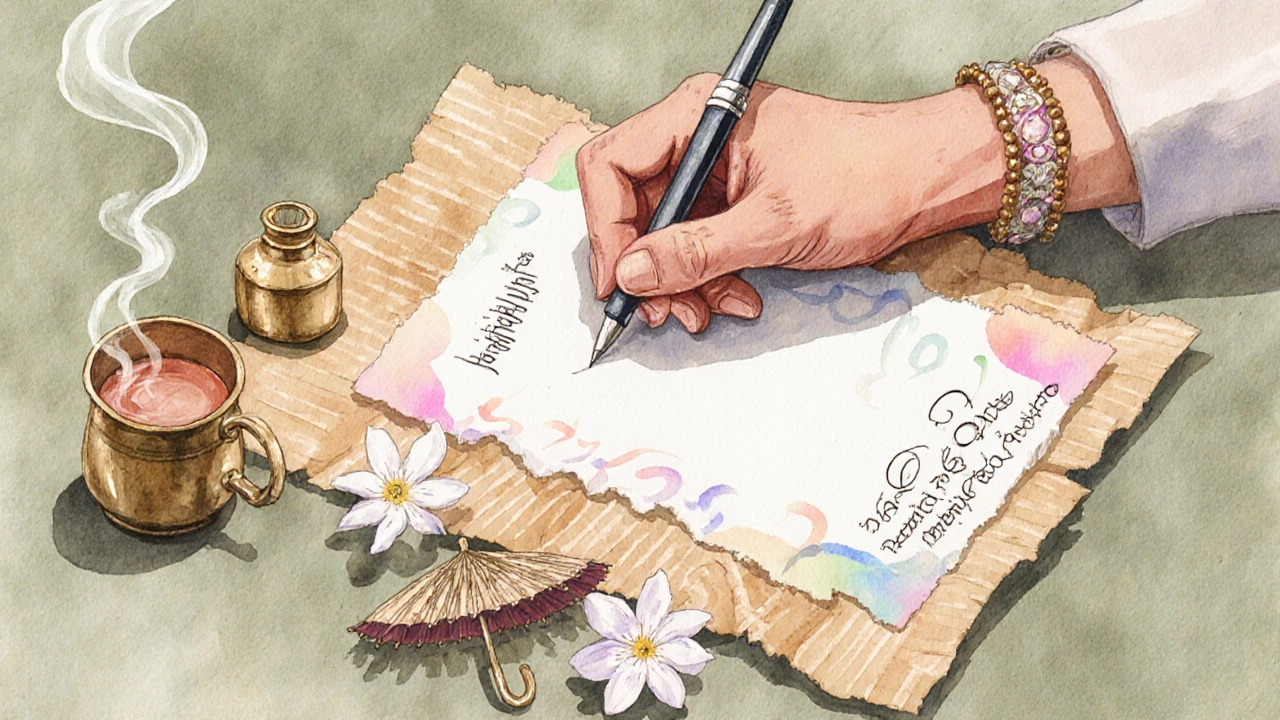 Hand writing a love note on paper with jasmine, umbrella, and chai, watercolor style.