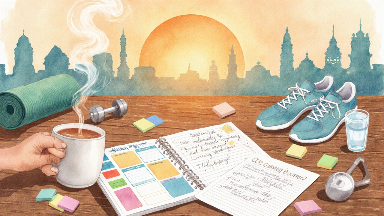 Hopeful collage of mindfulness, planner, exercise, and medication tools.