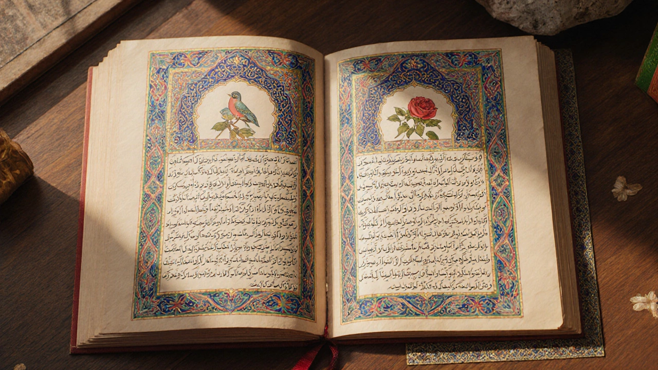 Illuminated ghazal manuscript page highlighting couplets, refrain, and poet's pen name.