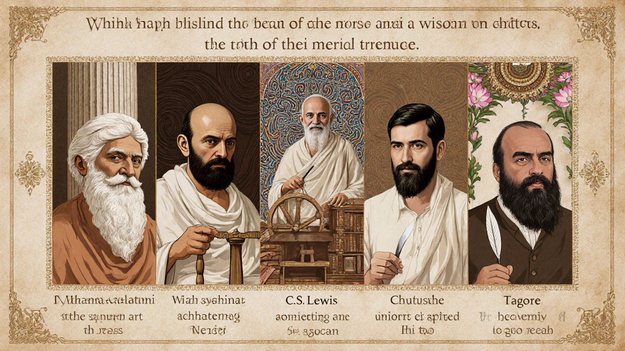 Illustrated collage of Aristotle, Gandhi, Rumi, C.S. Lewis, and Tagore with symbolic elements.