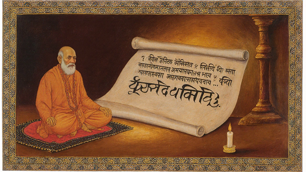 Miniature painting of a sage reading a Mundaka Upanishad scroll displaying सत्यमेव जयते.