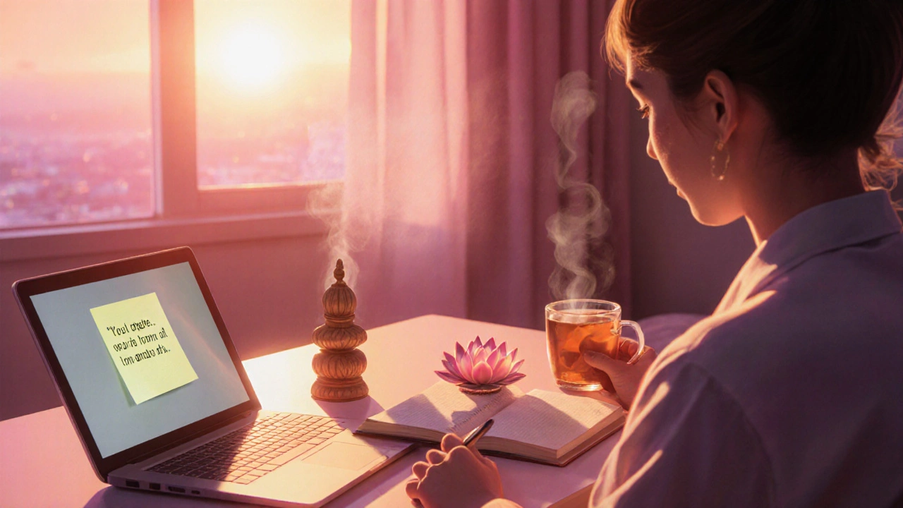 Morning journal scene with sunrise, tea, and glowing sticky note on laptop.