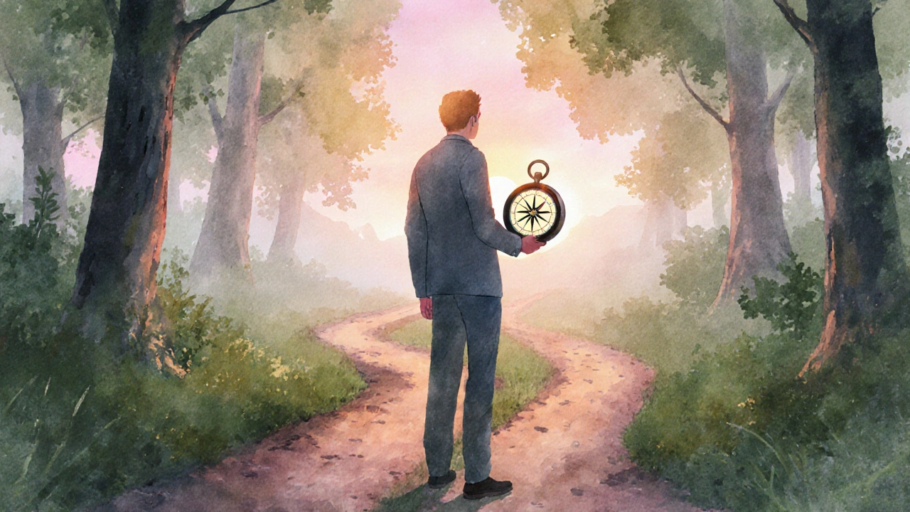 Person at a forked forest road holding a glowing compass toward a sunrise path.