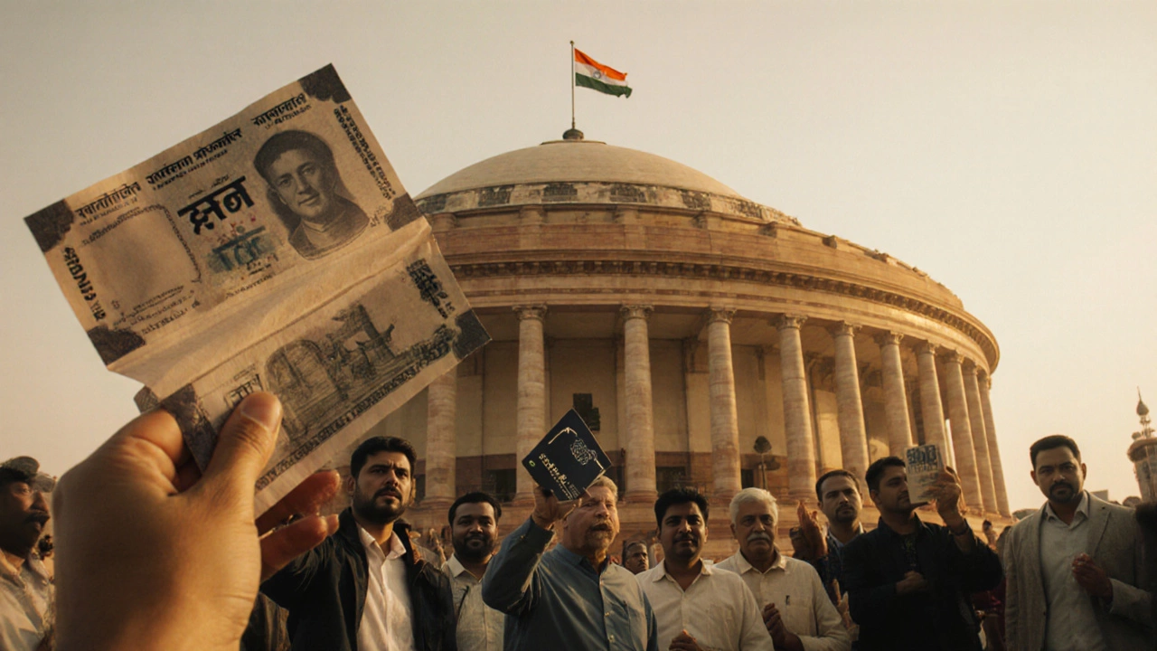 Scene of India's Parliament, a 500‑rupee note, passport, and people holding the motto सत्यमेव जयते.