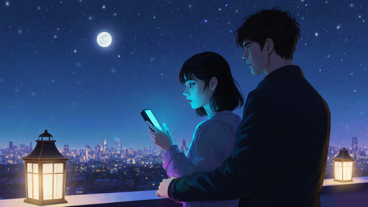 Silhouetted couple on a rooftop at night, phone light reveals a tear, starry sky.