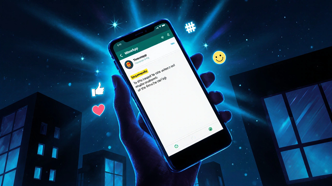 Smartphone glowing at night sky showing a posted status with reaction icons.