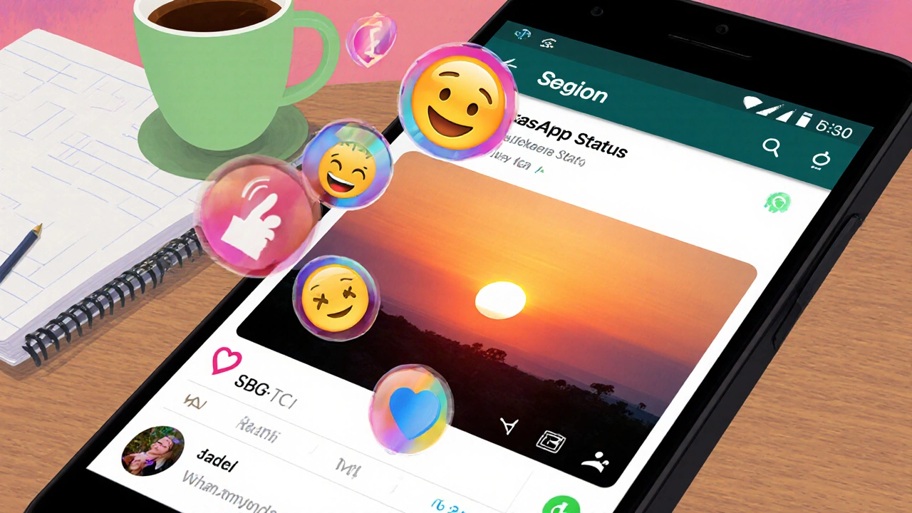 Smartphone showing a sunrise status video surrounded by floating emojis and a coffee mug.