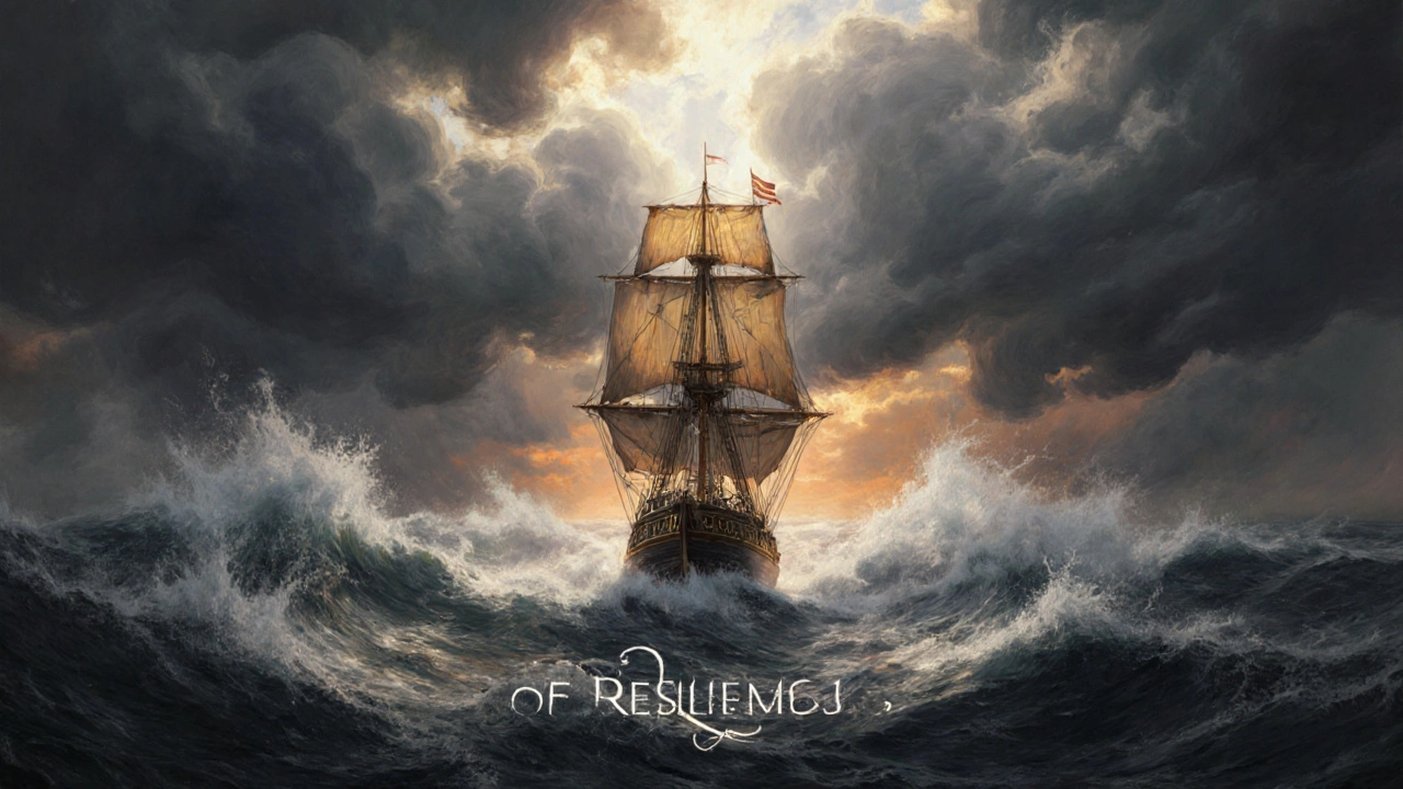 Stormy sea with a sailing ship illuminated by sunrise light, representing resilience.