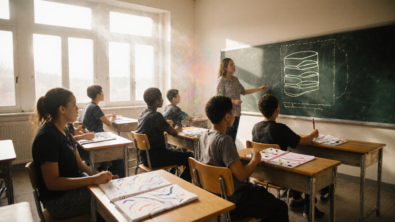 Sunlit classroom where students write in notebooks beside a chalkboard diagram of five lines.