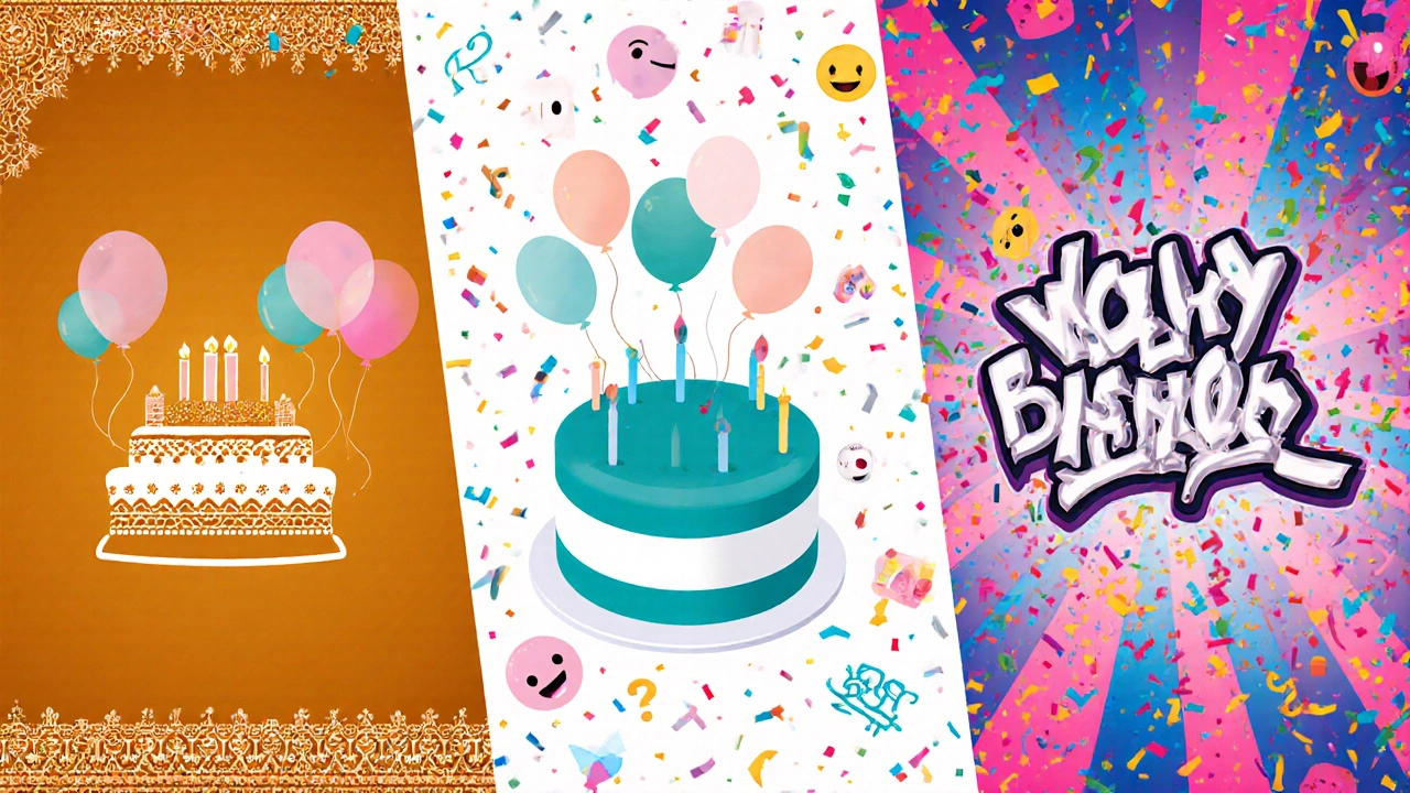 Three-panel illustration showing Hindi, English, and Hinglish birthday wish styles with distinct motifs.