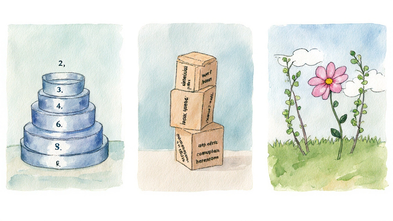 Three-panel watercolor showing ribbon stack, wooden blocks, and garden symbolizing poem structures.