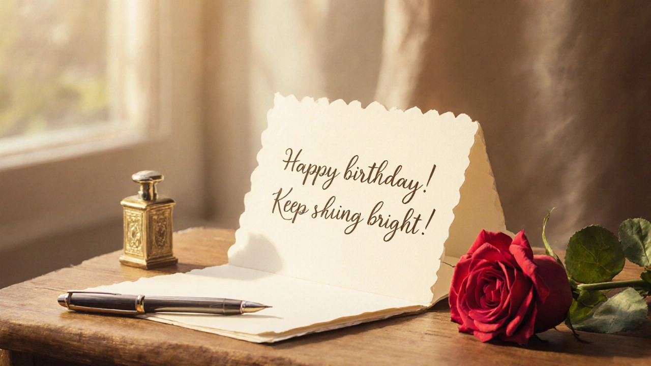 Vintage illustration of an open card with a handwritten birthday line and a rose.
