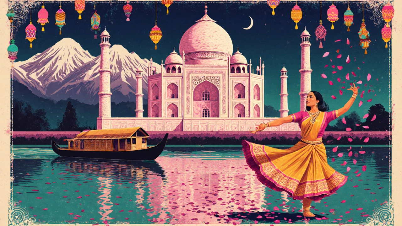 Vintage poster showing Taj Mahal, Himalayas, Kerala backwaters, and a dancing figure with colorful lanterns.