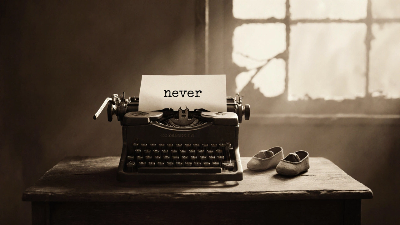 Vintage typewriter with single word &#039;never&#039; on paper among baby shoes.