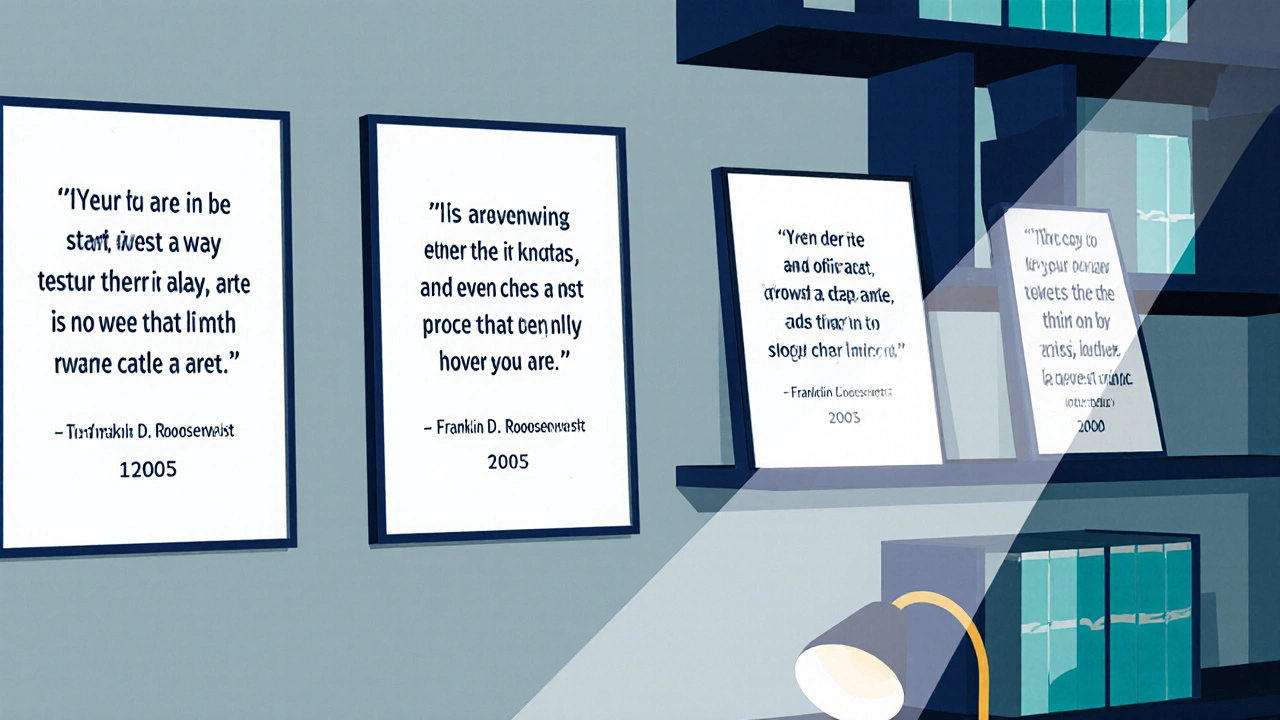Wall display of five framed quotes ranked by impact in a modern study room.