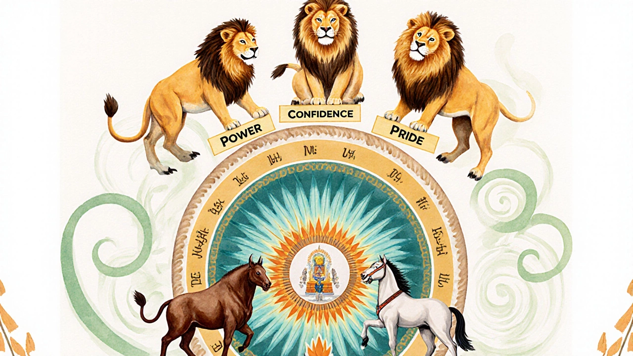Watercolor illustration of emblem symbols: lions, bull, horse, and Ashoka Chakra with meaning labels.