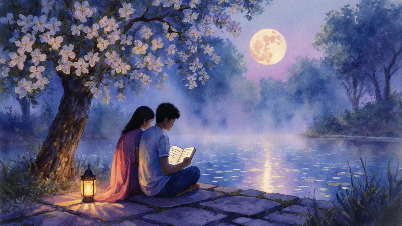 Watercolor of two friends in an Indian garden at twilight, writing a heartfelt note.