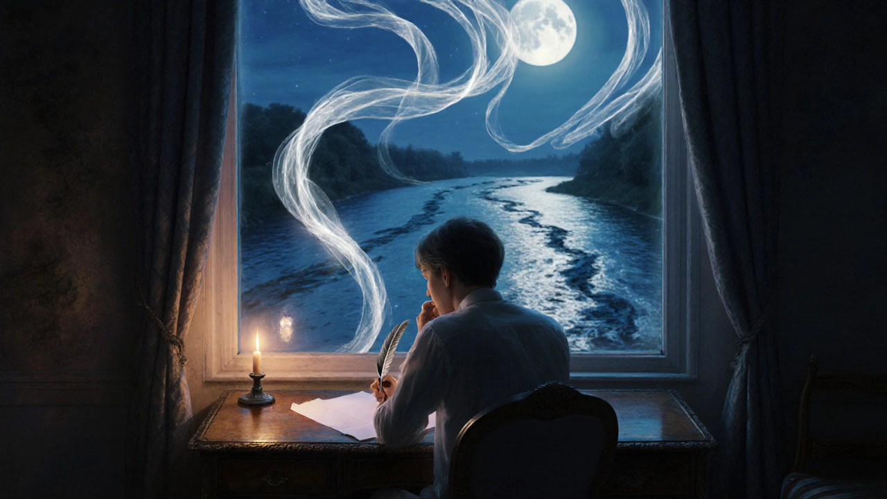Writer at a candlelit desk, quill releasing light that transforms into a river outside the window.