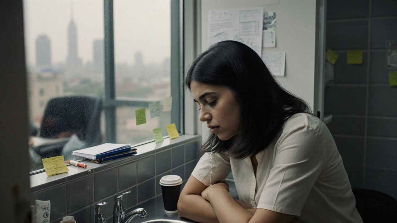 Young Indian woman crying in an office bathroom after a missed deadline.
