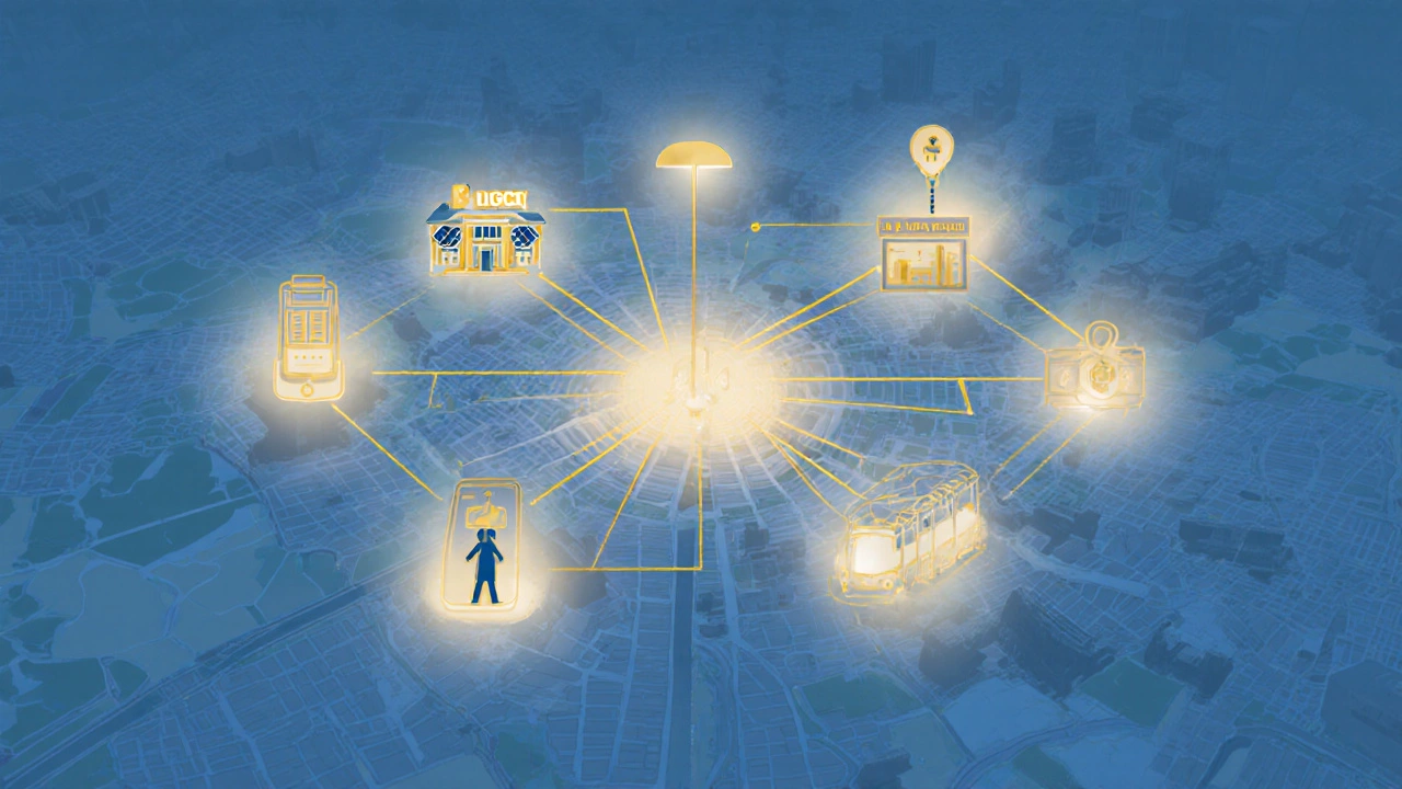 A conceptual network of safety elements like streetlights, apps, and transit connected across Hyderabad.