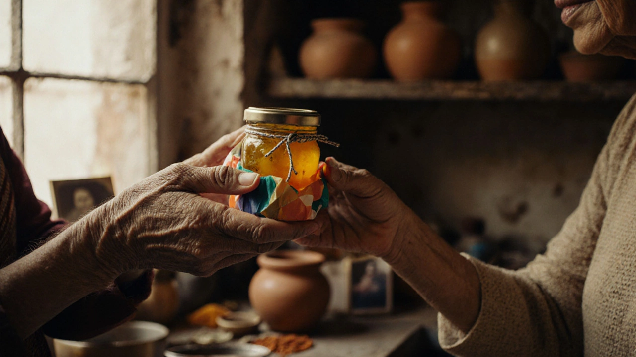 A grandmother giving a homemade jar of mango pickle wrapped in colorful paper to a young adult.