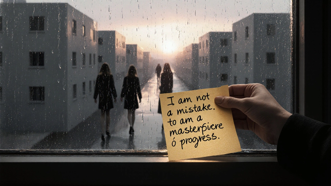 A handwritten note on a windowsill with rain outside, glowing with hope.