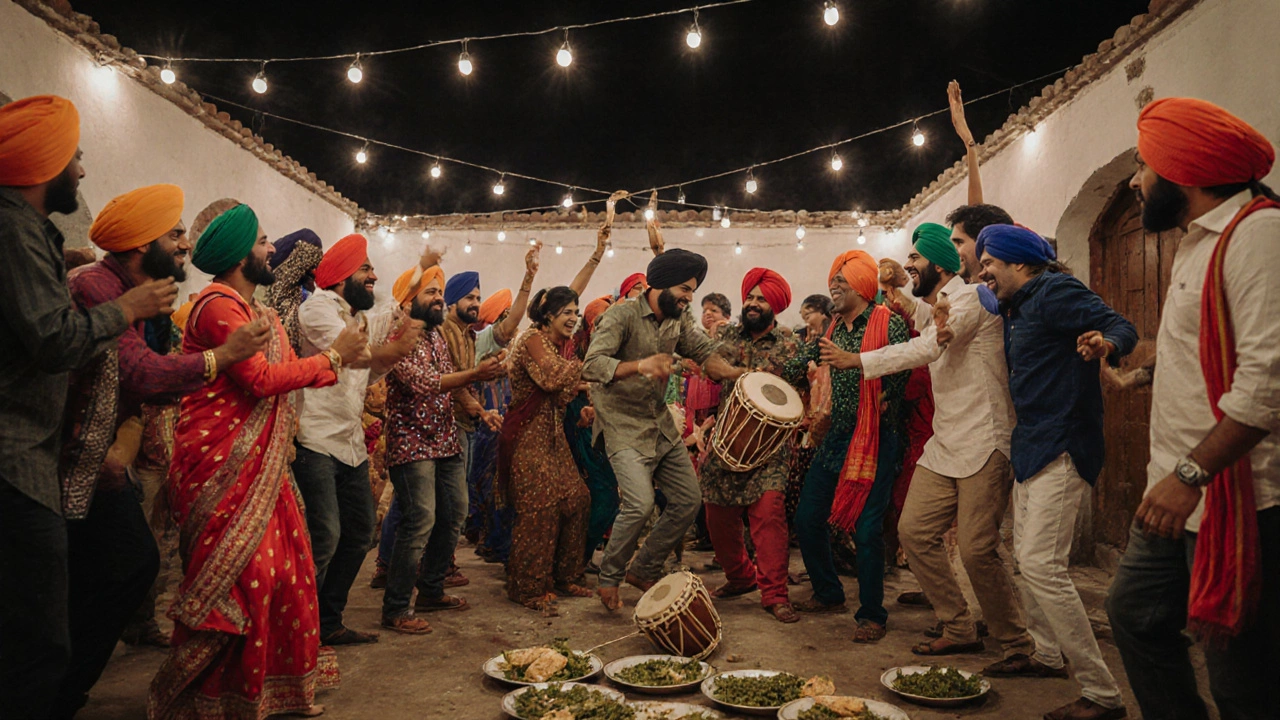A lively bhangra dance in a Punjabi courtyard with family drumming and celebrating around the birthday person.
