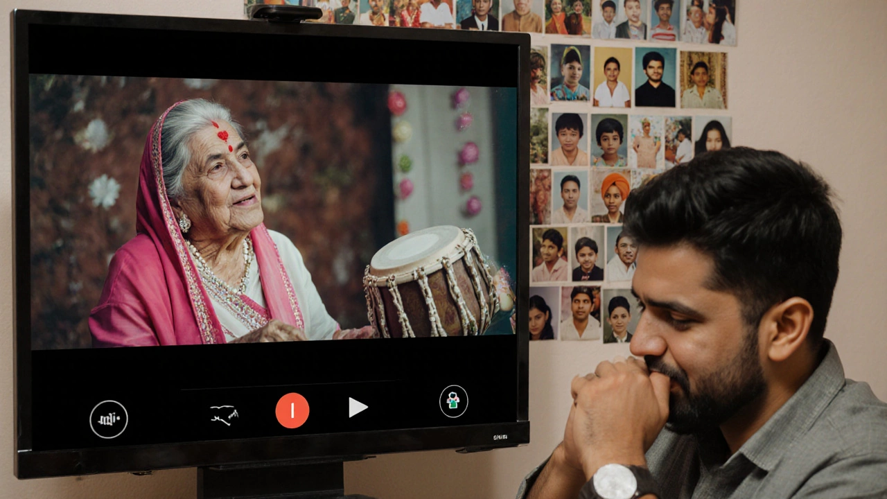 A smartphone screen showing a family video call with a grandmother singing a birthday song, surrounded by childhood photos.