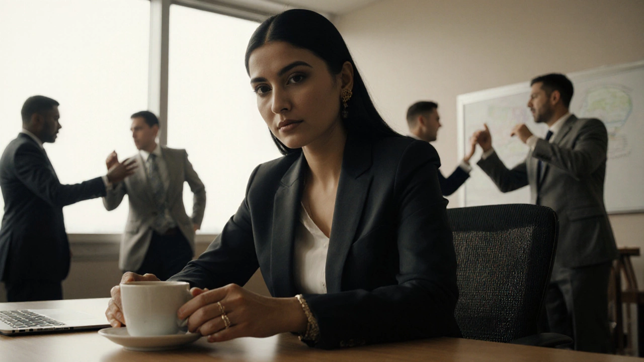 A woman in a corporate office wearing a bindi, calm amid chaos, exuding quiet confidence.