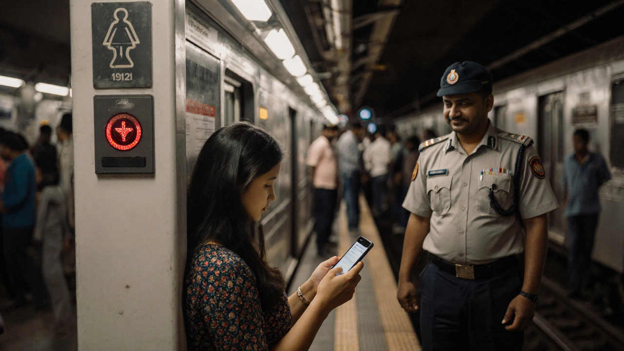 A woman using a safety app on a Hyderabad metro platform as a patrol officer approaches.