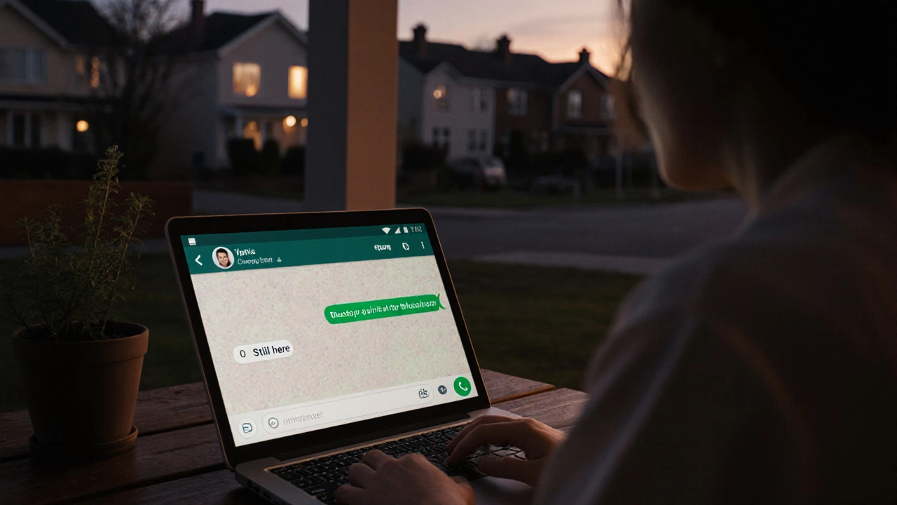 A wooden porch with a plant and laptop displaying a simple WhatsApp status at twilight.