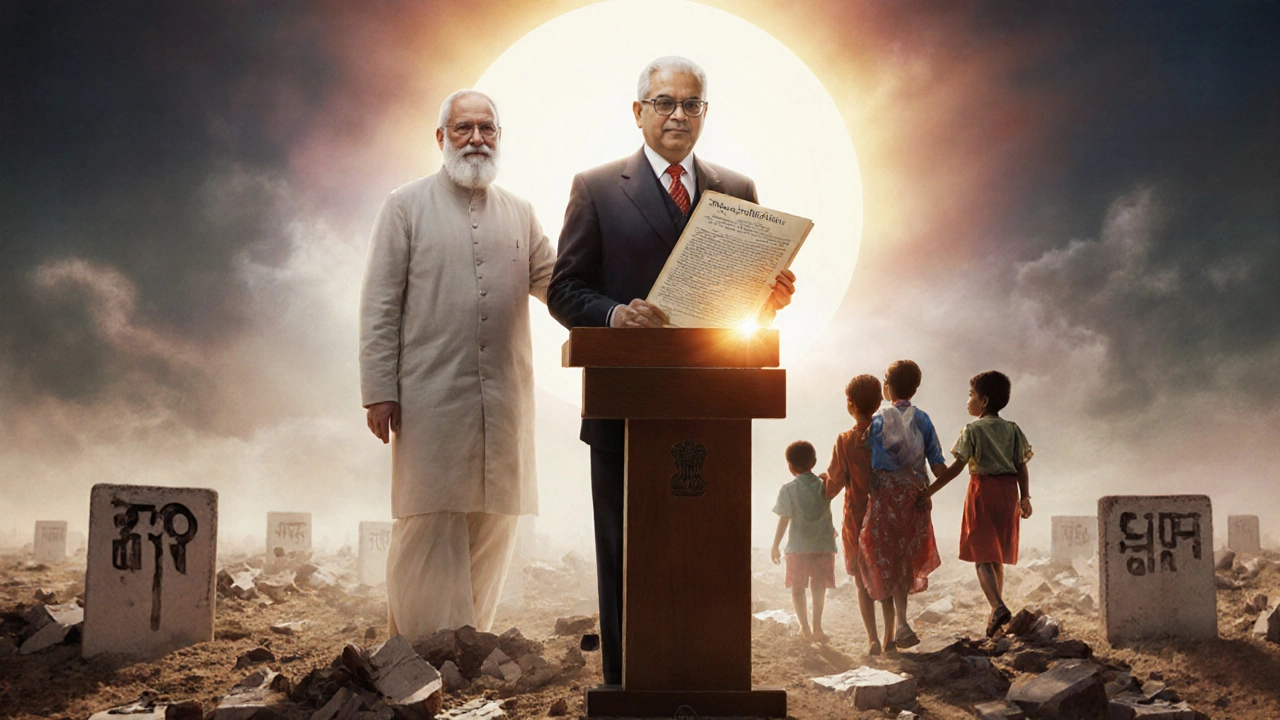 Ambedkar holding the Constitution as Phule&#039;s spirit watches over him, caste barriers crumbling below.