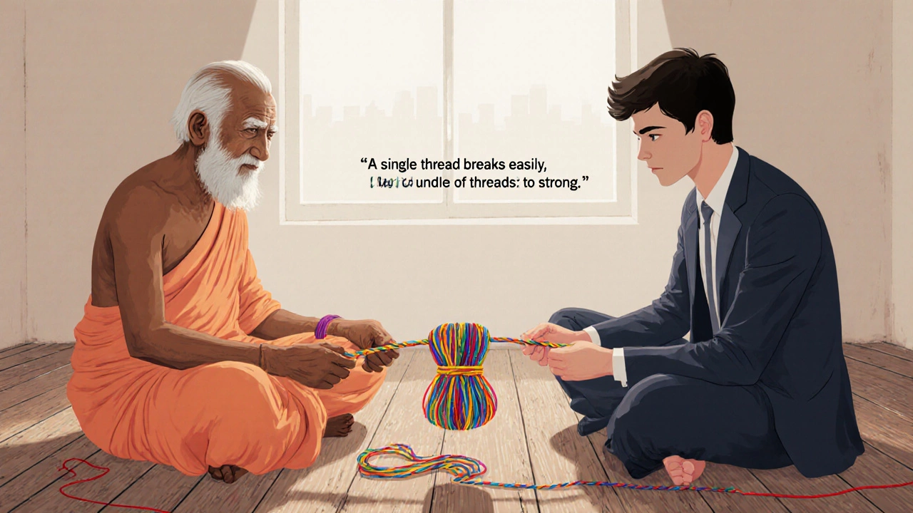 An elder and young professional weave colorful threads into a single rope, symbolizing unity.