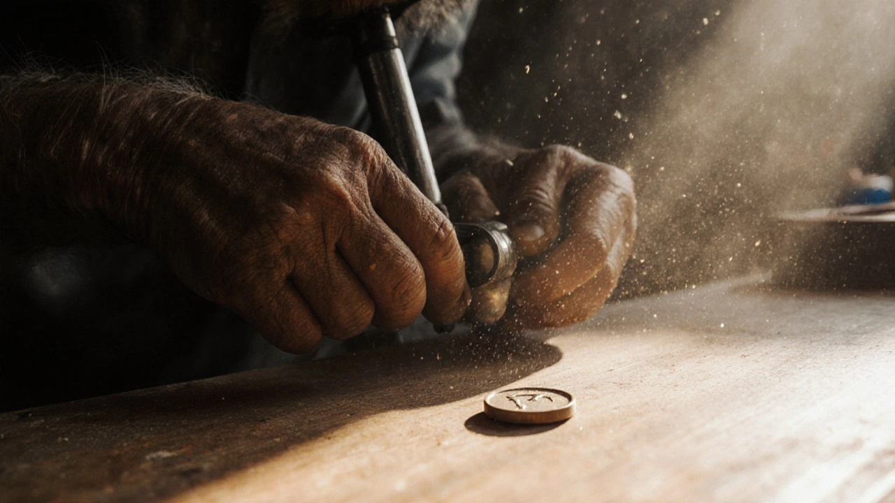An elderly repairman in a Delhi shop, a single rupee coin left on the counter as a silent gift.