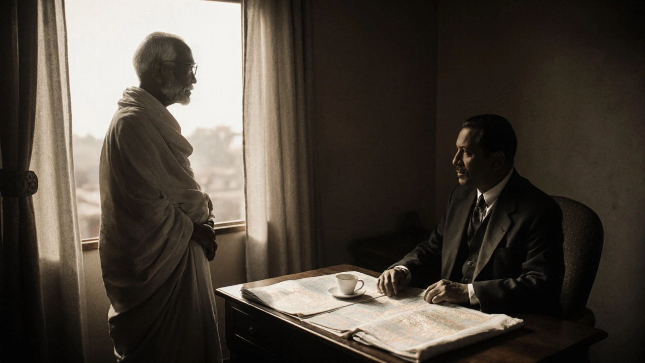 Gandhi and Bose in silent solidarity, one in khadi, the other in suit, separated by a table.