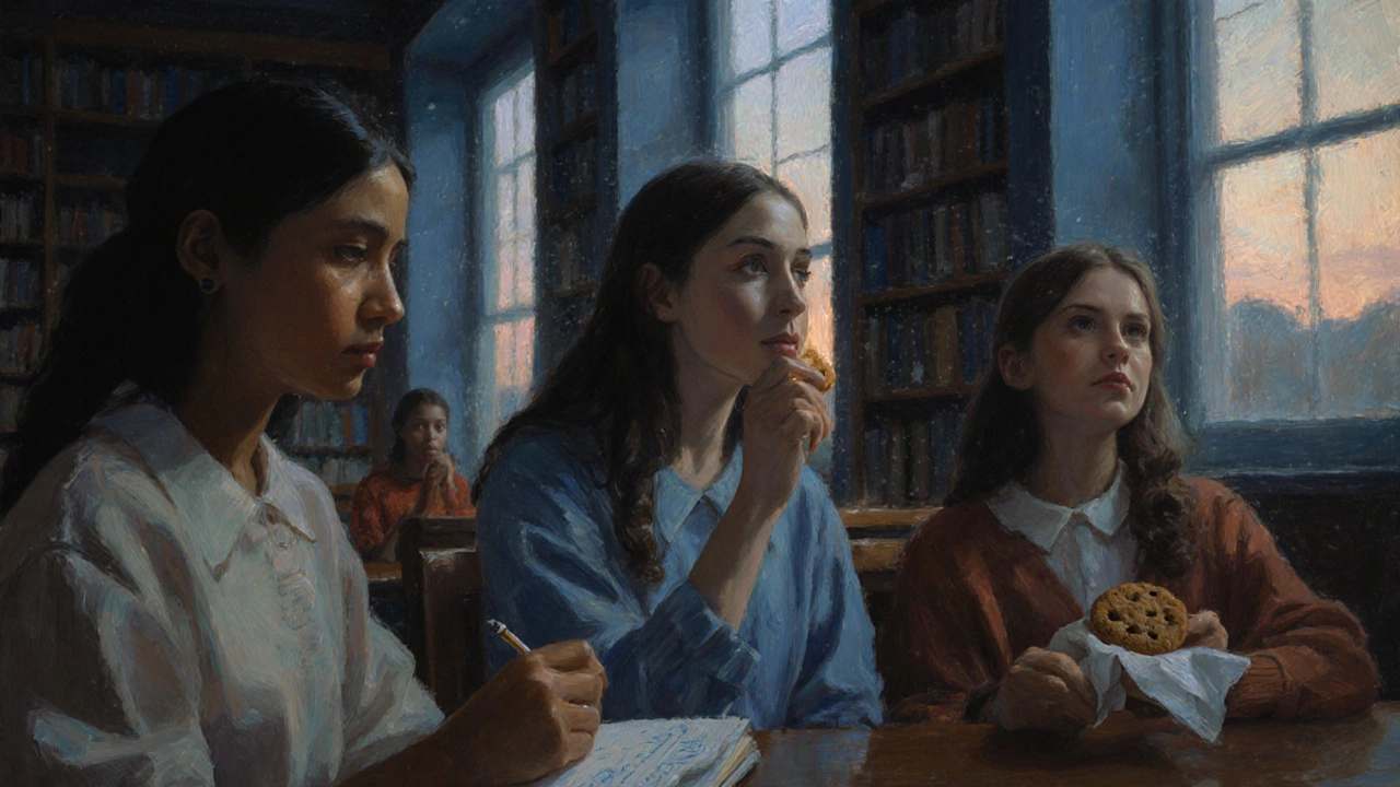 Girls in a library, each lost in quiet, personal moments of self-expression.