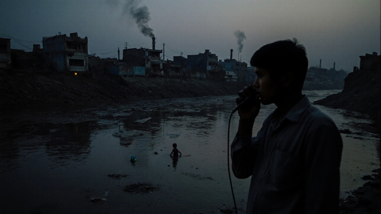 Poet whispering verses on a fading riverbank, toy floating in polluted water.