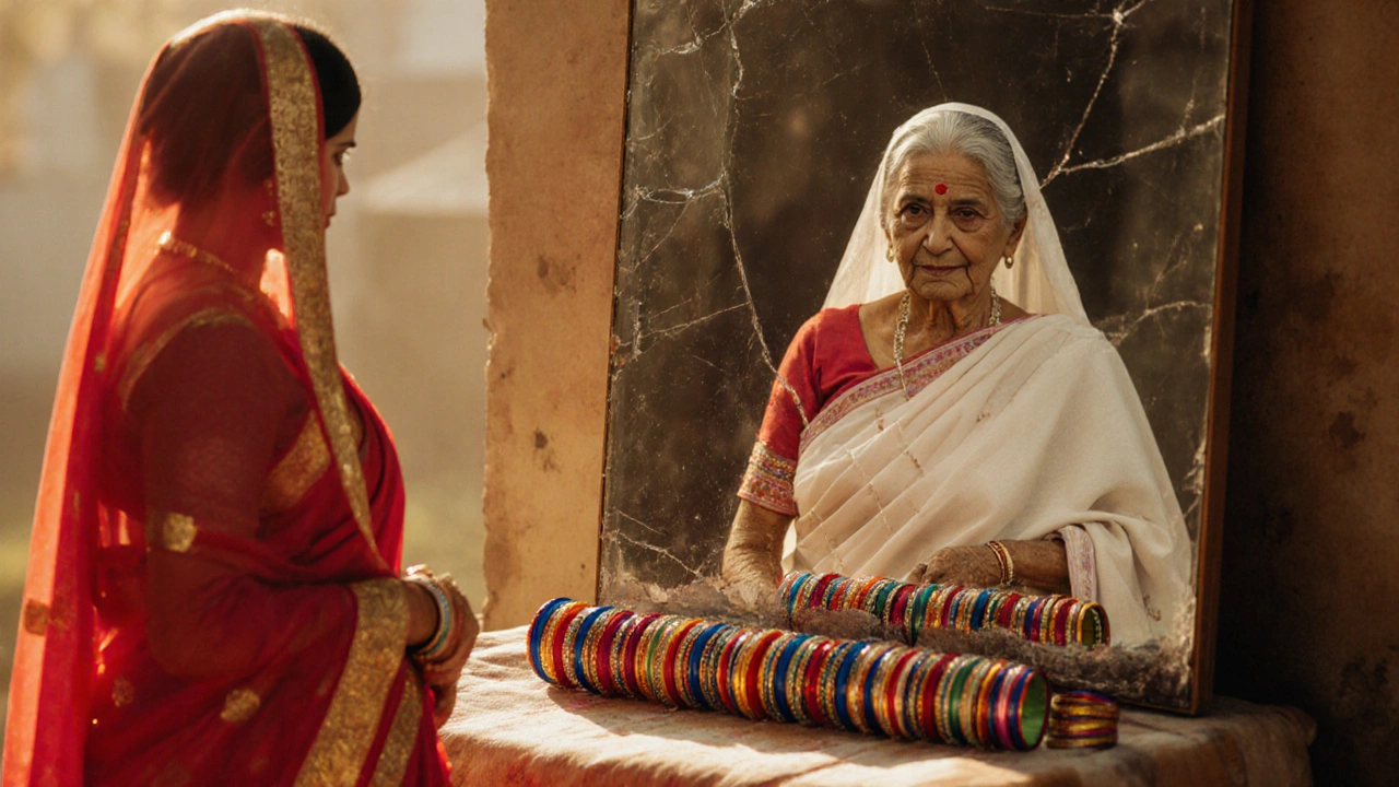 Woman beside colorful bangles, reflection shows her as an elderly widow.