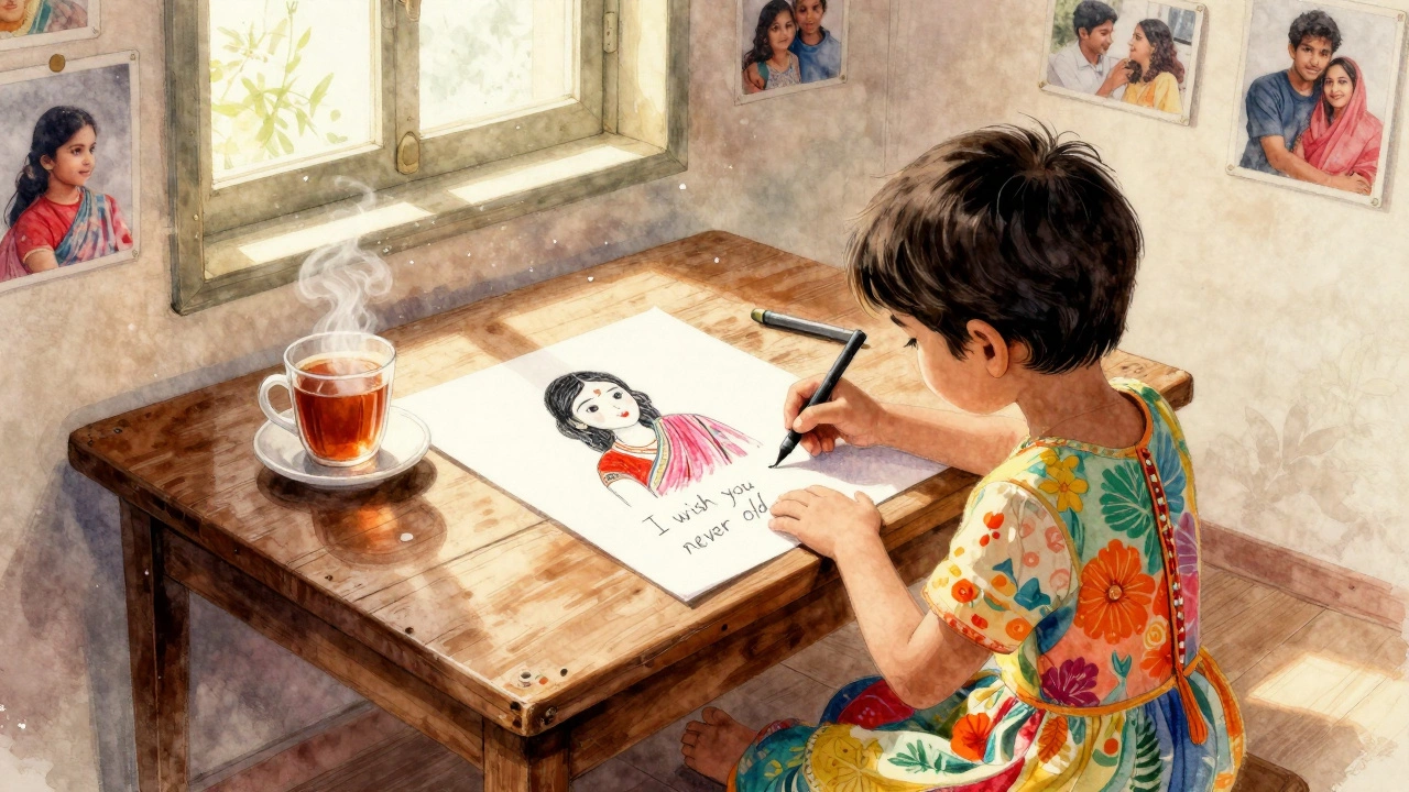 A child drawing a picture for their mother with the words 'I wish you never grow old.'