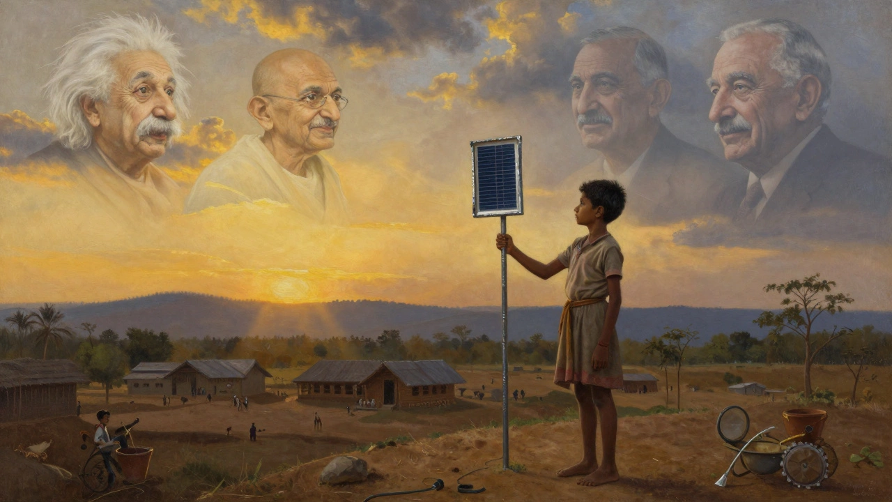 A child in a village holds a handmade solar charger as golden light breaks over the horizon, with faint wise figures in the sky.